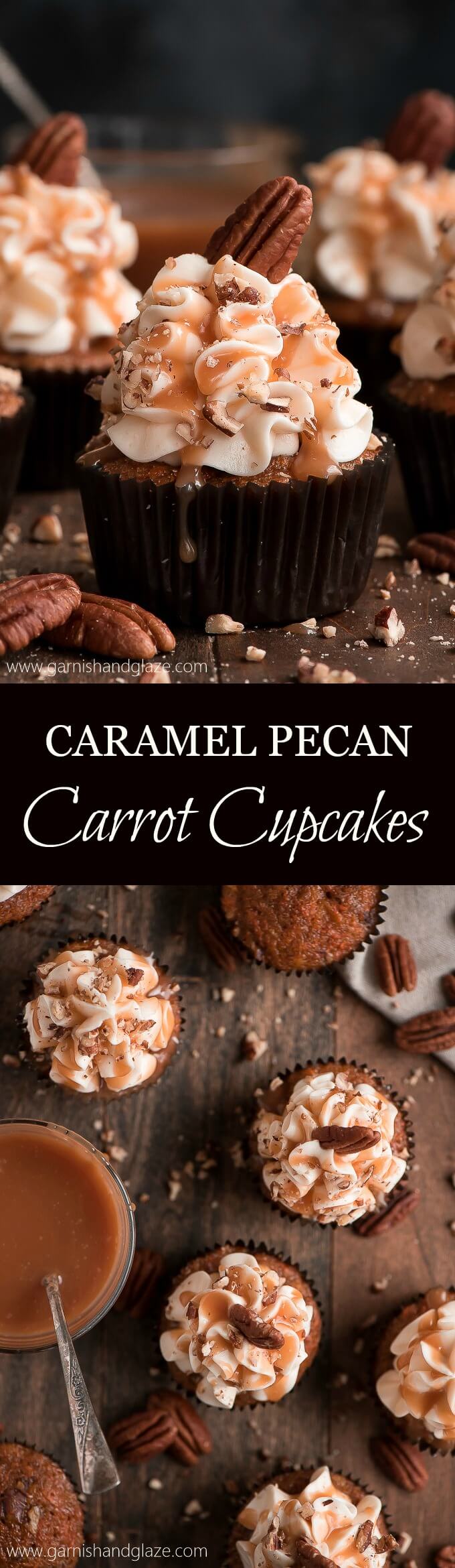 With a super moist cake and silky smooth cream cheese frosting, CARAMEL PECAN CARROT CUPCAKES are more than a dream come true.