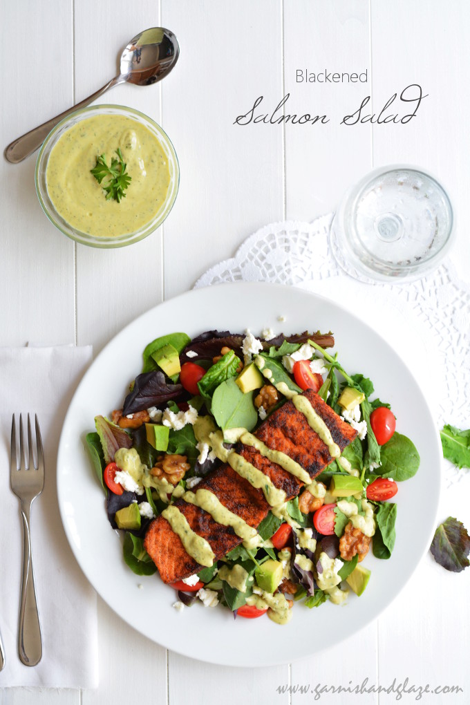 Blackened Salmon Salad with Avocado Ranch Dressing | Garnish & Glaze