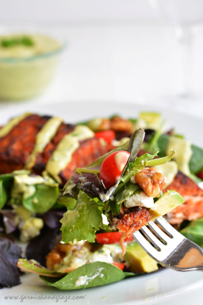 Blackened Salmon Salad with Avocado Ranch Dressing | Garnish & Glaze
