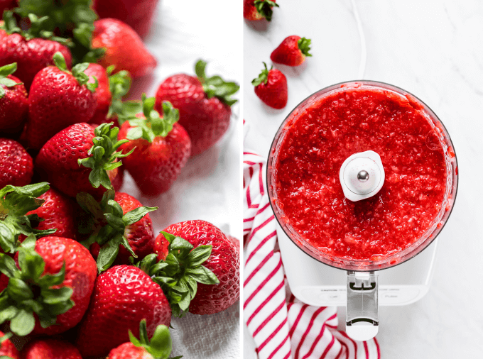 Close up of strawberries and a photo of pureed strawberries in a food processor.