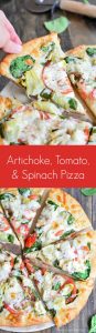 Go meatless with this veggie topped Artichoke, Tomato, and Spinach Pizza made on a No Knead, No Rise Pizza Dough crust.