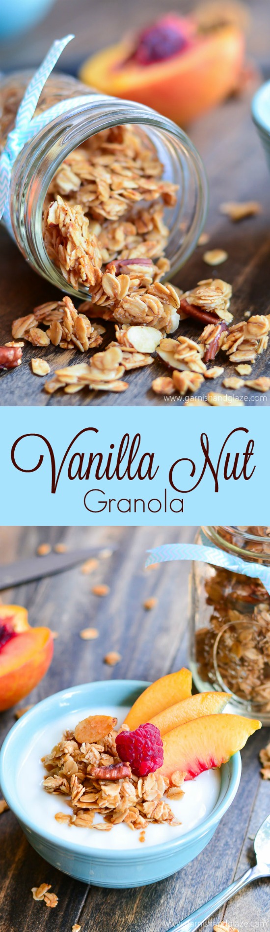 Crunchy homemade vanilla granola with almonds and pecans is the perfect snack to munch on or throw in your yogurt.