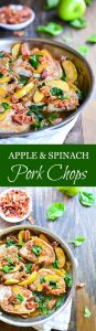Seared APPLE AND SPINACH PORK CHOPS with wilted spinach, sweet apples, and crispy bacon is made in just 30 minutes in one pan.