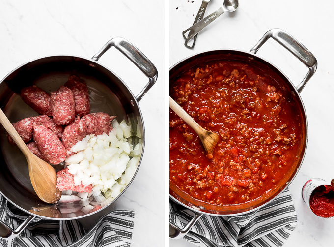 Two images: A pot of raw ground sausage and onions; A pot of cooked sausage filled red tomato sauce.