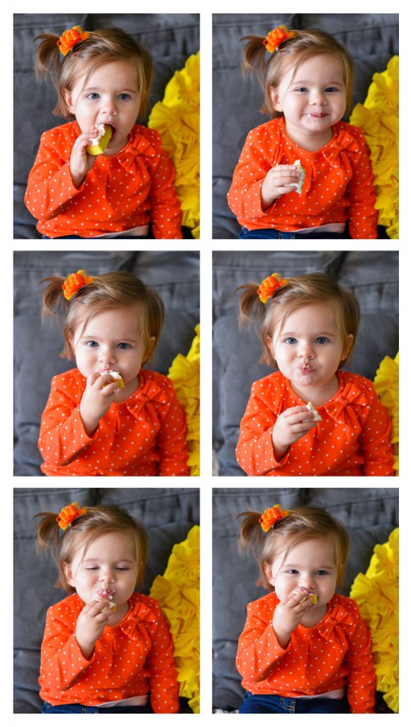 Baby eating Halloween Cookie Bars.
