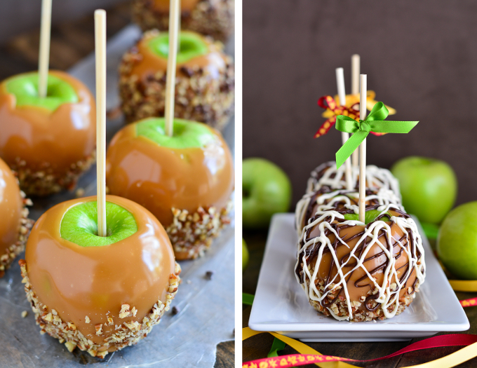 Close up of green apples on a stick, covered in chocolate and dipped in nuts.