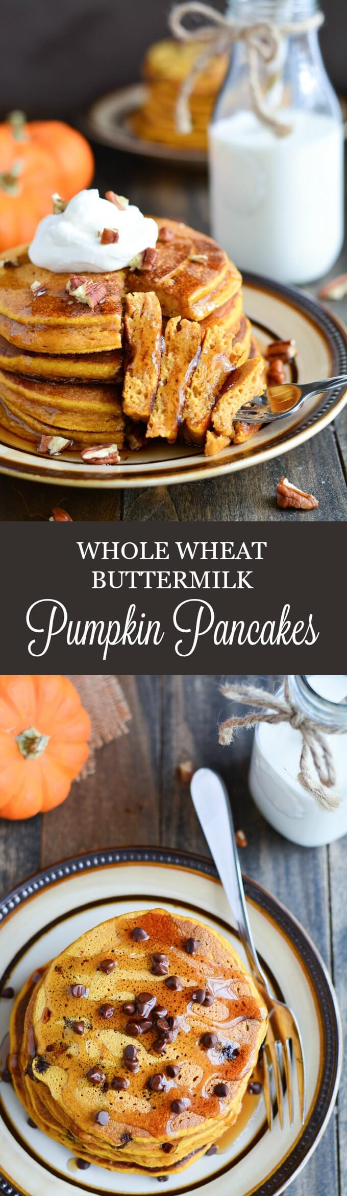 Whole Wheat Buttermilk Pumpkin Pancakes are thick, fluffy, and healthy. They're the perfect breakfast for a cool fall morning.