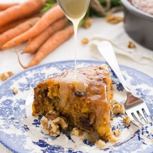 This super moist Warm Caramel Carrot Cake drenched in buttery caramel syrup with have your guests oohing and aahing with the first bite!