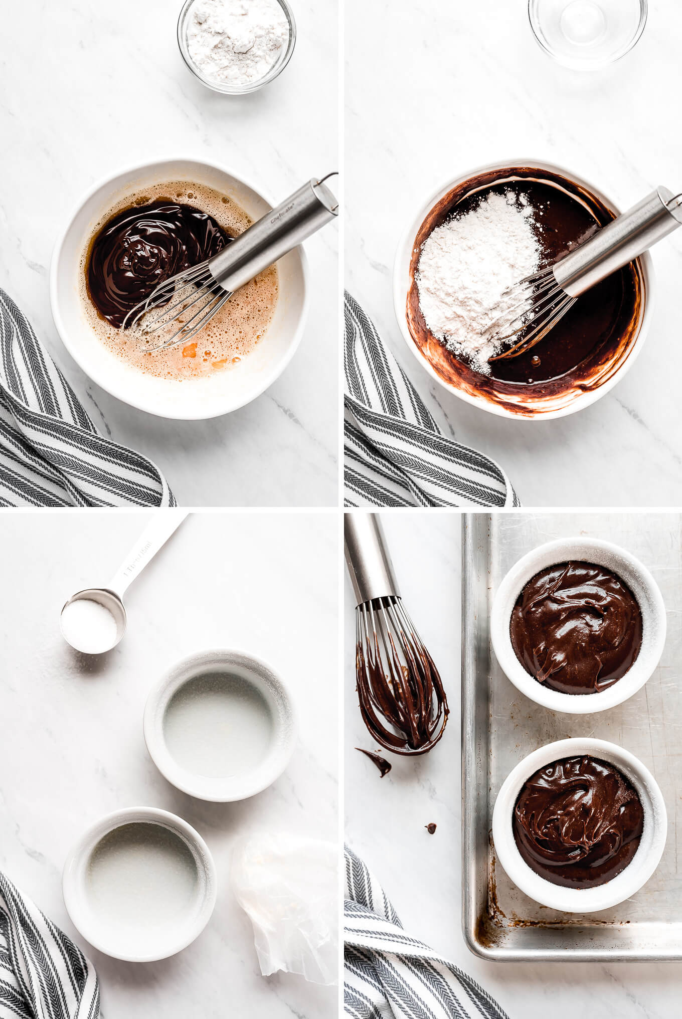 Process shots of making mini chocolate cakes.
