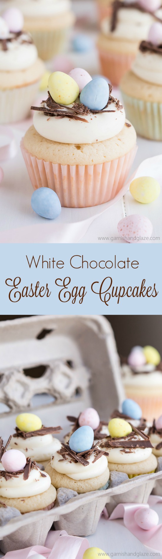 With a moist fluffy cake and rich white chocolate frosting, these adorable White Chocolate Easter Egg Cupcakes are sure to be a hit!