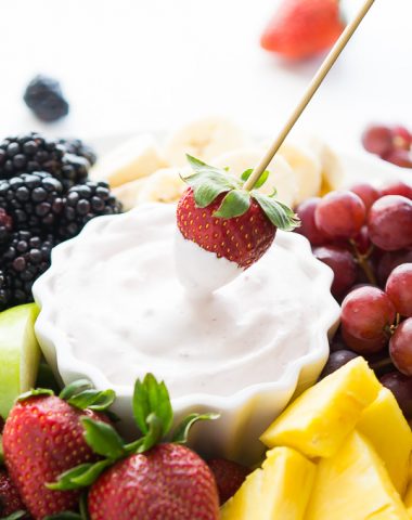 Fruit dip made with Cool Whip Lite and low-fat yogurt.