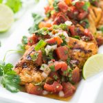 Grilled chipotle chicken topped with pico de gallo made with Hunts Fire Roasted Tomatoes