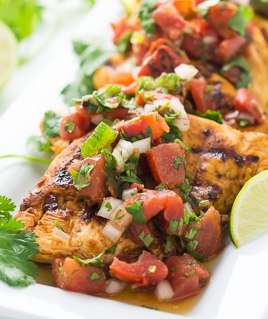 Grilled chipotle chicken topped with pico de gallo made with Hunts Fire Roasted Tomatoes