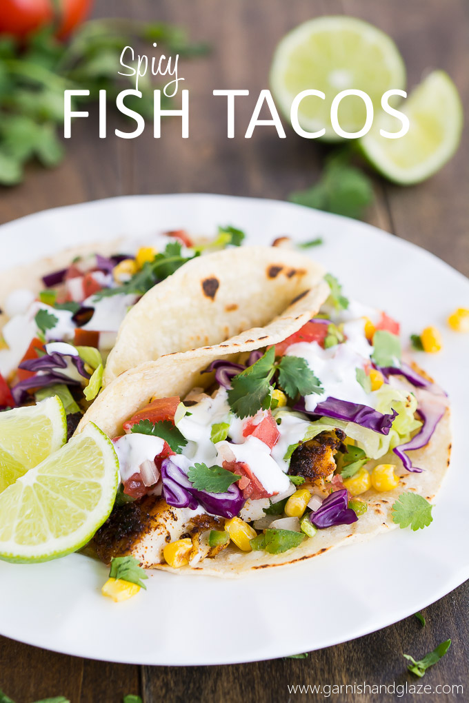 Tacos filled with spicy pan-seared tilapia, cabbage, lettuce, corn, and pico de gallo.