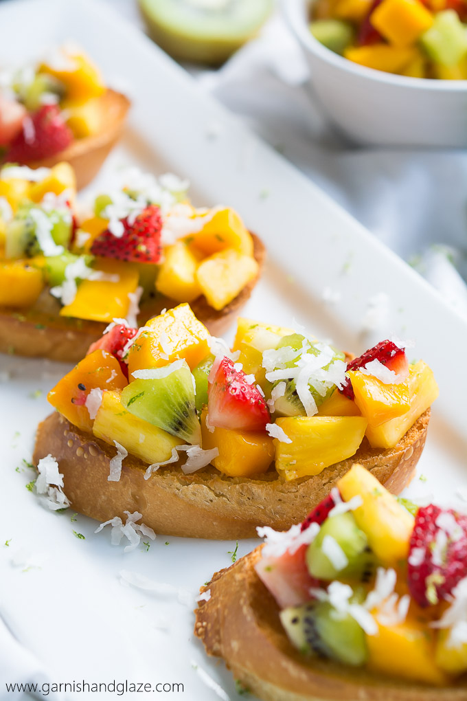 Topical Bruschetta is a refreshing fruity twist on the classic bruschetta and takes just minutes to throw together!