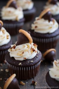 Celebrate fall with these cute Chocolate Almond Acorn Cupcakes.