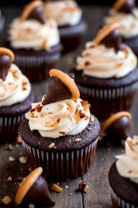 Celebrate Autumn with these cute Chocolate Almond Acorn Cupcakes topped with almond buttercream and an acorn made of a Vanilla Wafer and almond Kiss.