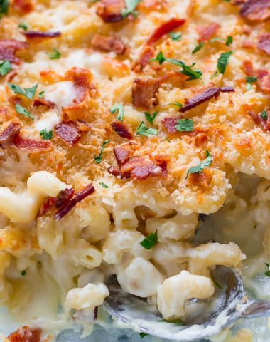 5 Cheese Mac & Cheese topped with extra cheese, Panko, and bacon is the ultimate comfort food!
