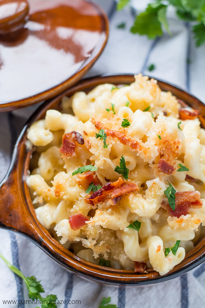 Close up of the bacon and panko toppings on baked 5 Cheese Mac & Cheese.