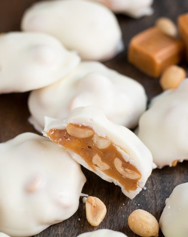 Polar Bear Paws {See's Candies Copycat} are filled with salty roasted peanuts and soft buttery caramel, all coated in sweet white chocolate. Perfect for the holidays!