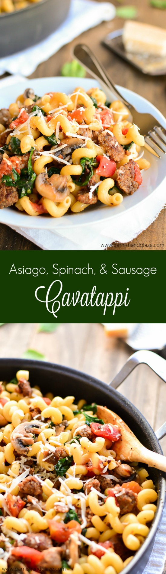 Asiago, Spinach, and Sausage Cavatappi is a flavorful veggie packed pasta that comes together in less than 30 minutes.