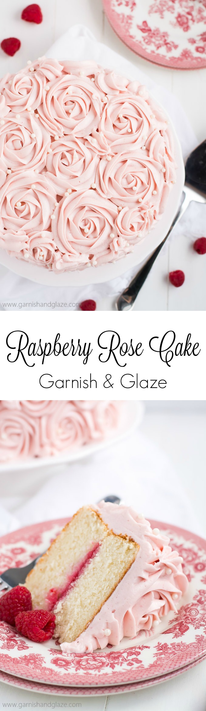 Raspberry Rose Cake is made up of two tender white cakes with sweet raspberry jam sandwiched between and then covered in rose-like swirls of silky smooth raspberry cream cheese frosting. It's the perfect cake for Valentine's Day, a bridal shower, a baby shower... or any time you need a yummy pink cake!