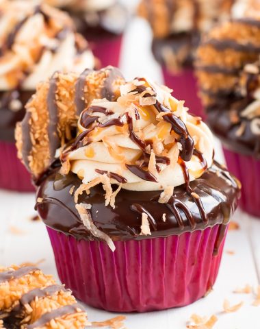 These Girl Scout Cookie Samoa Cupcakes are a rich chocolaty, caramel, and toasted coconut dream come true!