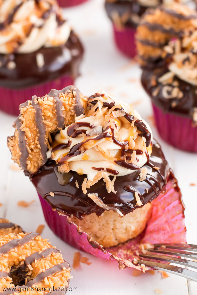 These Girl Scout Cookie Samoa Cupcakes are a rich chocolaty, caramel, and toasted coconut dream come true! 