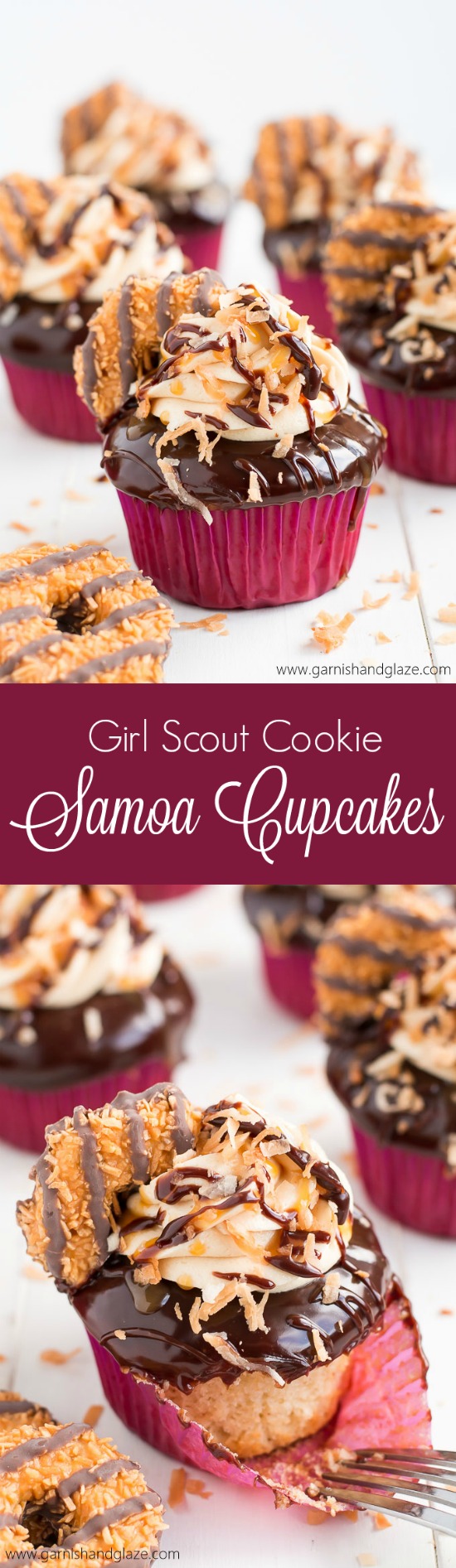  These Girl Scout Cookie Samoa Cupcakes are a rich chocolaty, caramel, and toasted coconut dream come true! 
