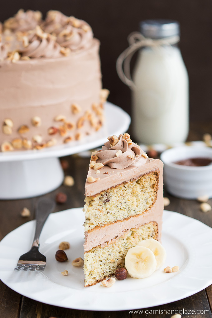 Banana Hazelnut Cake is a flavorful tender banana cake covered in silky smooth Nutella frosting.