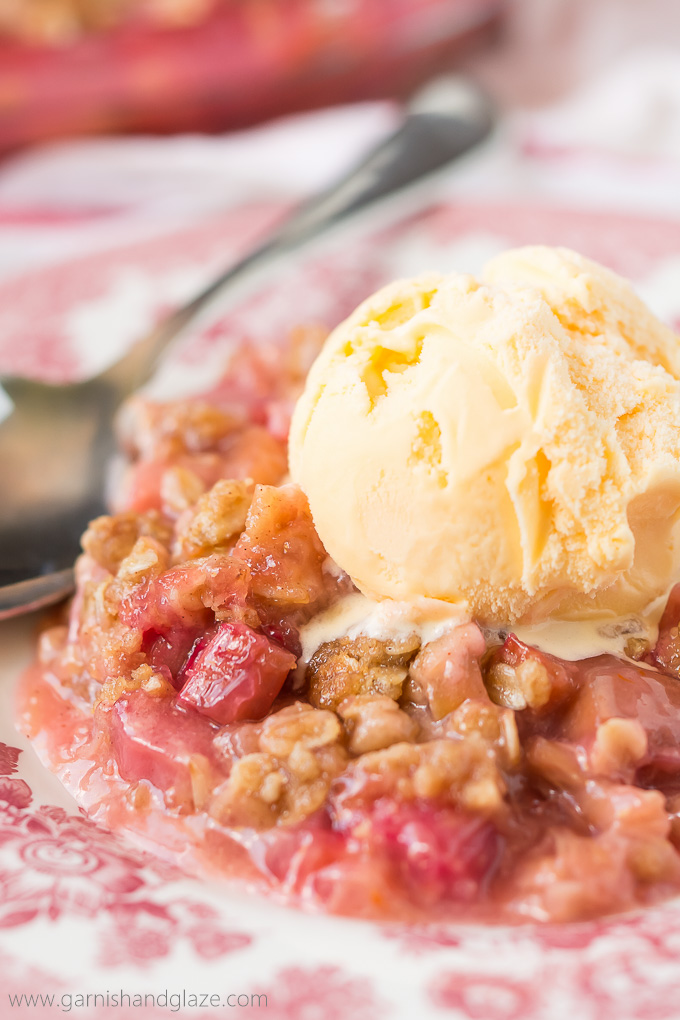 Pick up some rhubarb at the Farmers Market and enjoy a warm summer night out on the porch with a bowl of Rhubarb Crisp and ice cream.