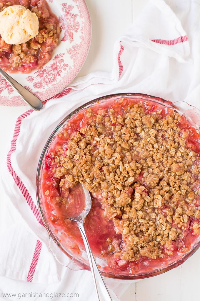 Pick up some rhubarb at the Farmers Market and enjoy a warm summer night out on the porch with a bowl of Rhubarb Crisp and ice cream.