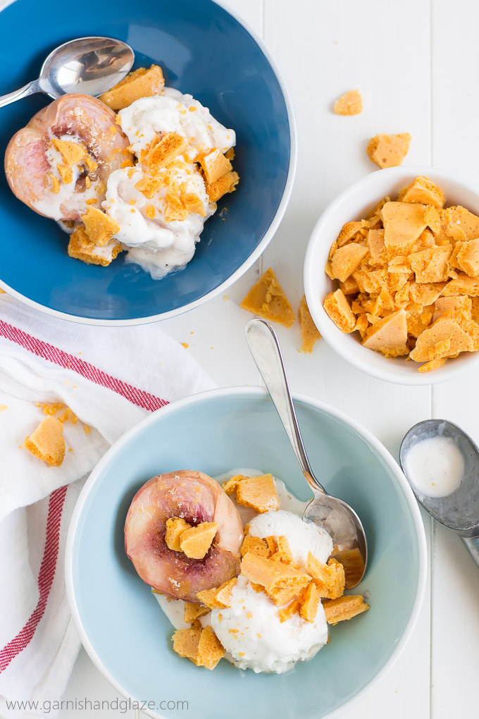 Enjoy the sweetness of summer with a bowl of Roasted White Peaches with Honeycomb and Vanilla Ice Cream!