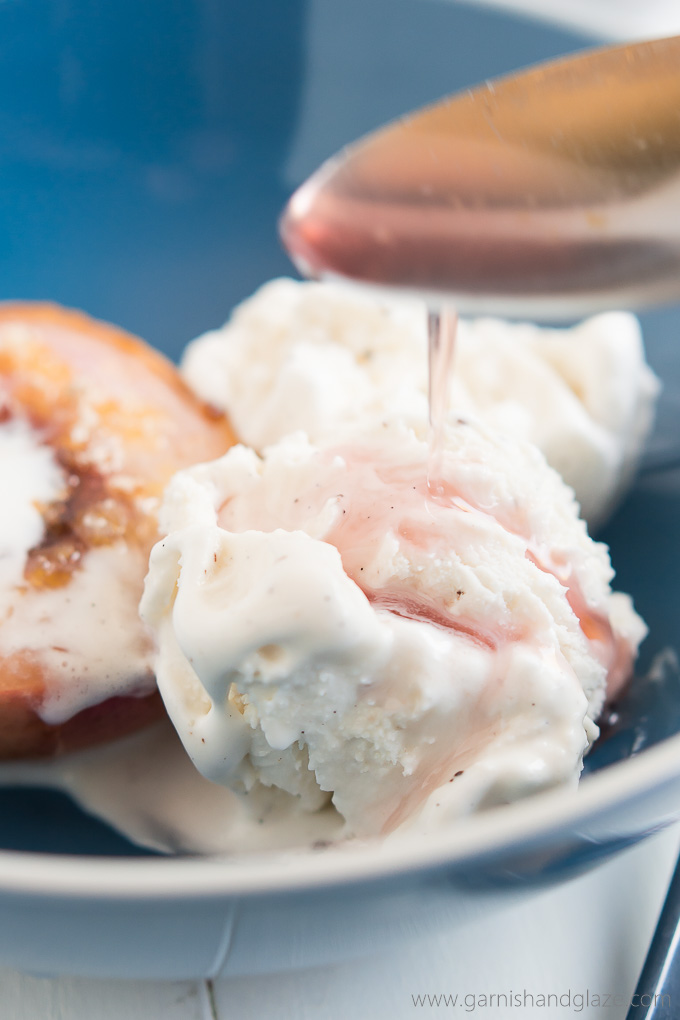 Enjoy the sweetness of summer with a bowl of Roasted White Peaches with Honeycomb and Vanilla Ice Cream!