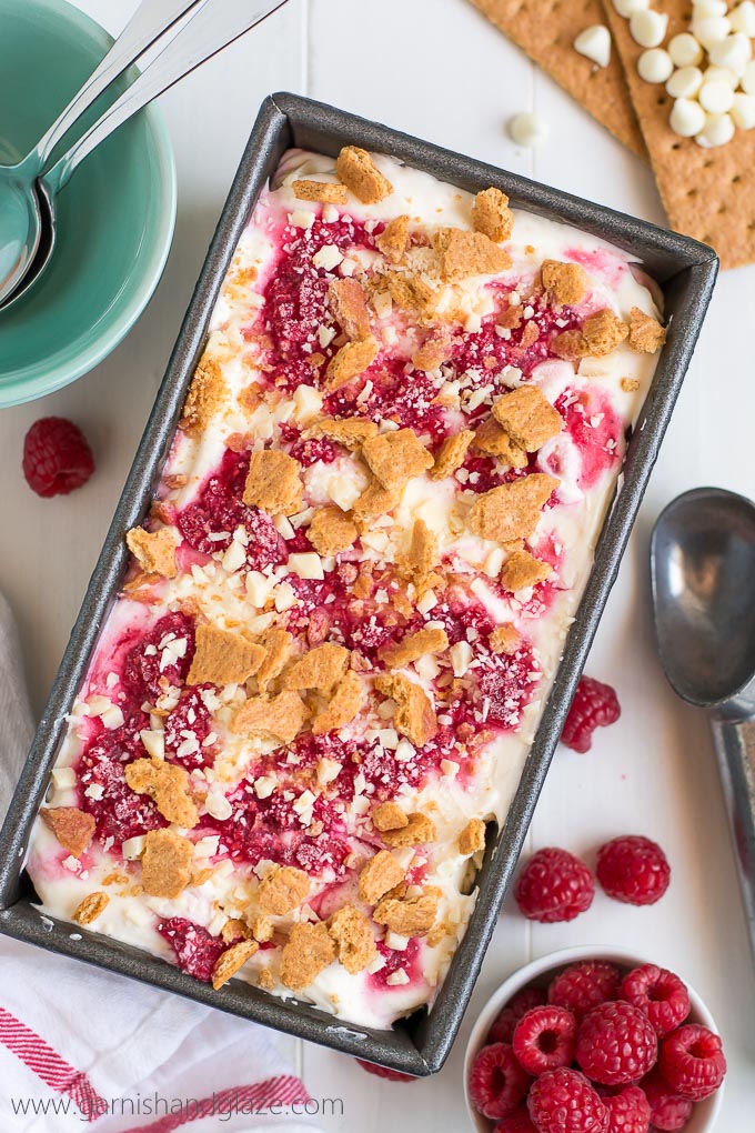 Don't have an ice cream maker? No worries! Throw together this ultra creamy No Churn White Chocolate Raspberry Cheesecake Ice Cream for a yummy summer treat!