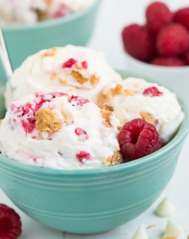Don't have an ice cream maker? No worries! Throw together this ultra creamy No Churn White Chocolate Raspberry Cheesecake Ice Cream for a yummy summer treat!