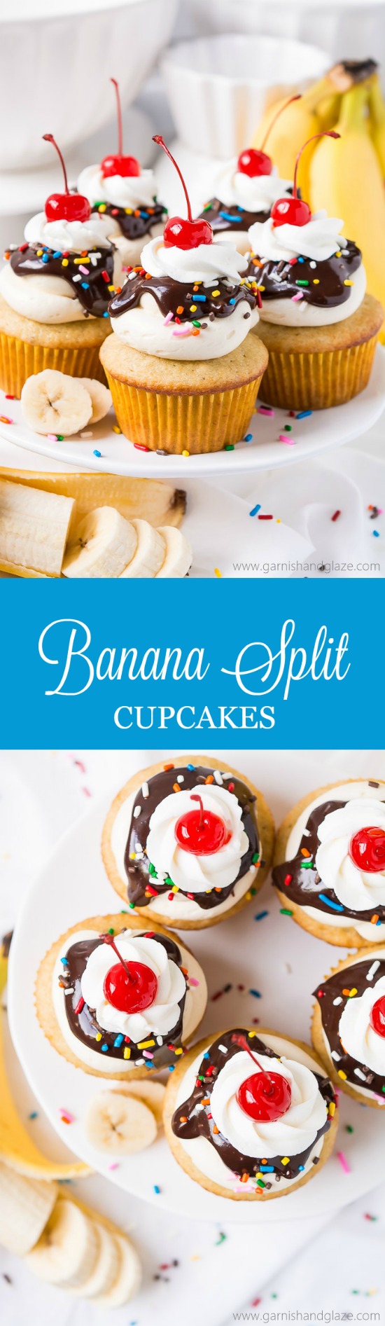 Delight in the delicious flavors of your favorite ice cream dessert in these Banana Split Cupcakes topped with smooth buttercream, rich ganache, cream, and a cherry on top. 