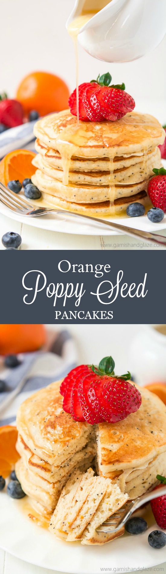 Your weekends just got a whole lot better with these Orange Poppy Seed Pancakes. Top with fresh berries and Orange Syrup and you'll be in heaven.