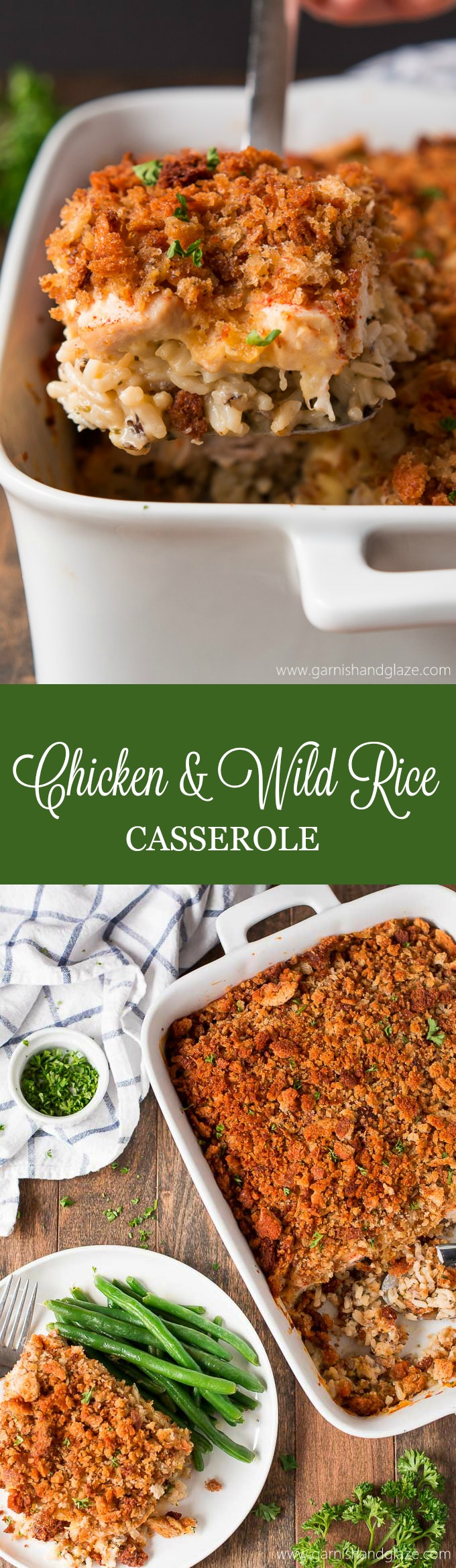 Chicken & Wild Rice Casserole is the ultimate comfort food layered with flavorful rice, chicken, a cheesy sauce, and crispy stuffing. 