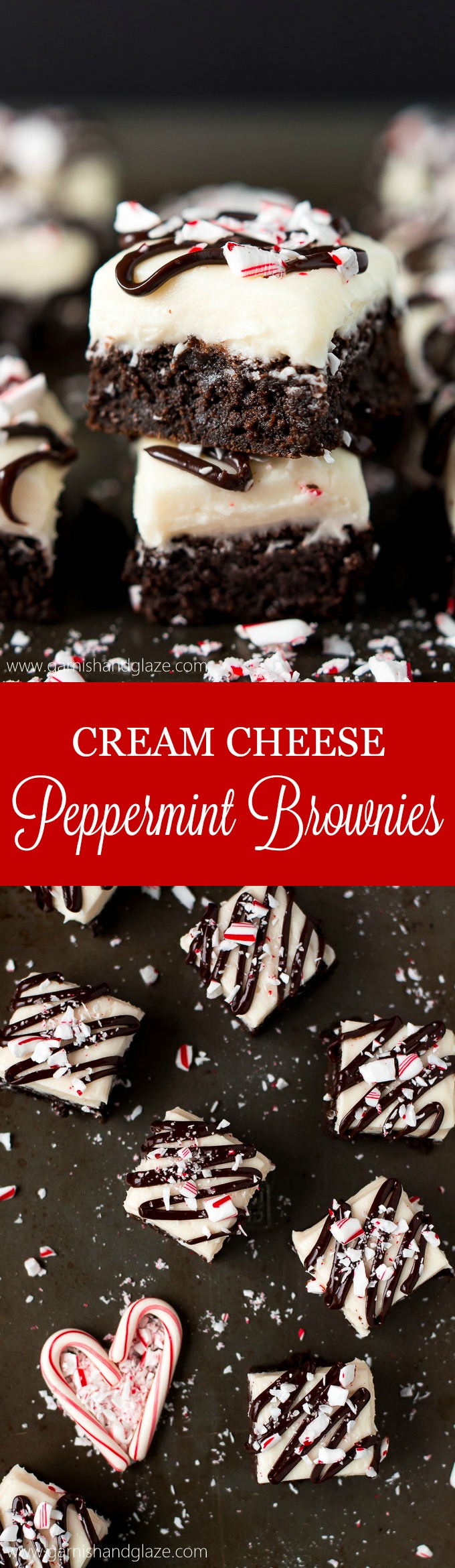 Enjoy the holidays with these rich dark chocolate Cream Cheese Peppermint Brownies topped with a delicious cream cheese frosting, ganache, and crushed candy cane. 