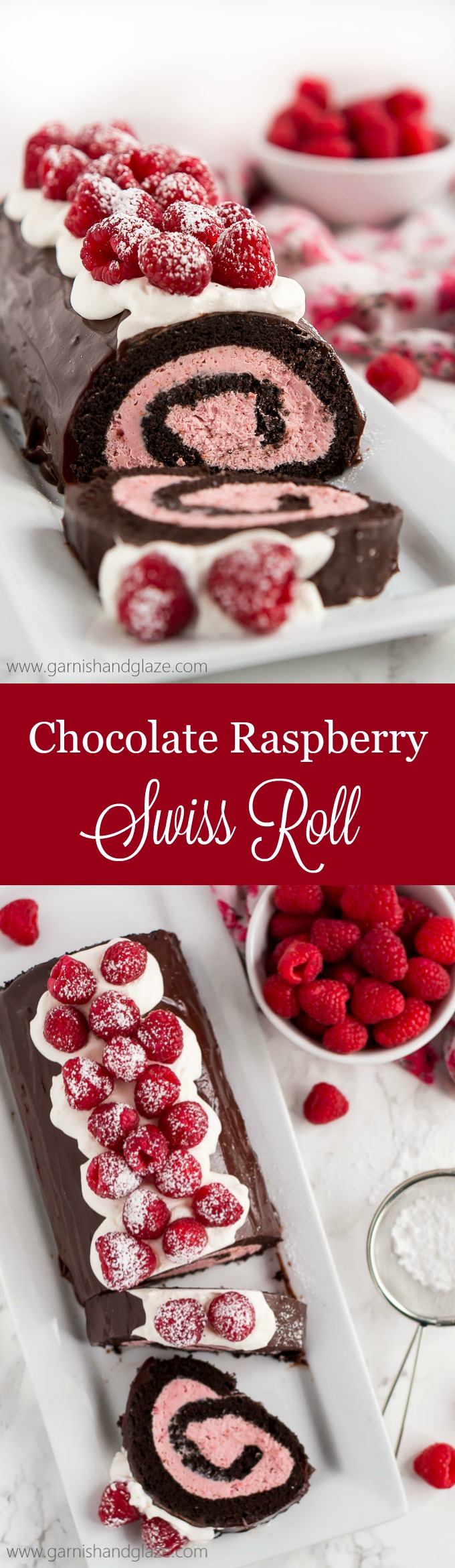 With raspberry cream filling, chocolate ganache, whipped cream, and fresh berries, this Raspberry Chocolate Swiss Roll is sure to make your Valentine swoon.