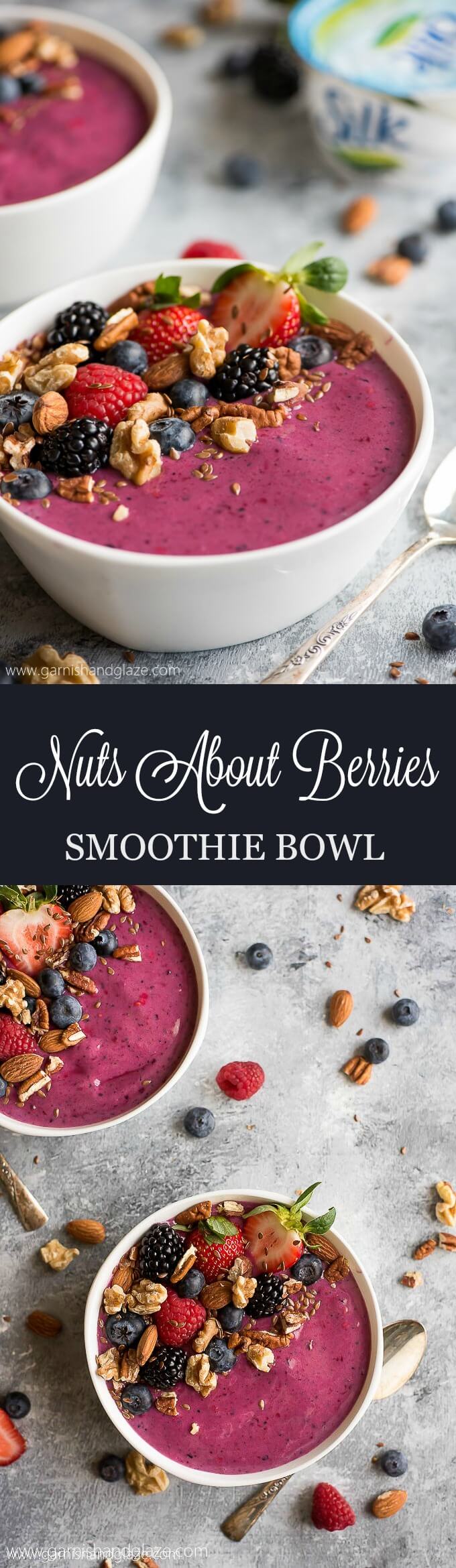 Start your days out right with a refreshing Nuts About Berries Smoothie Bowl that takes all of 2 minutes to throw together. #WellnessYourWay #ad @bakersgrocery @LoveMySilk