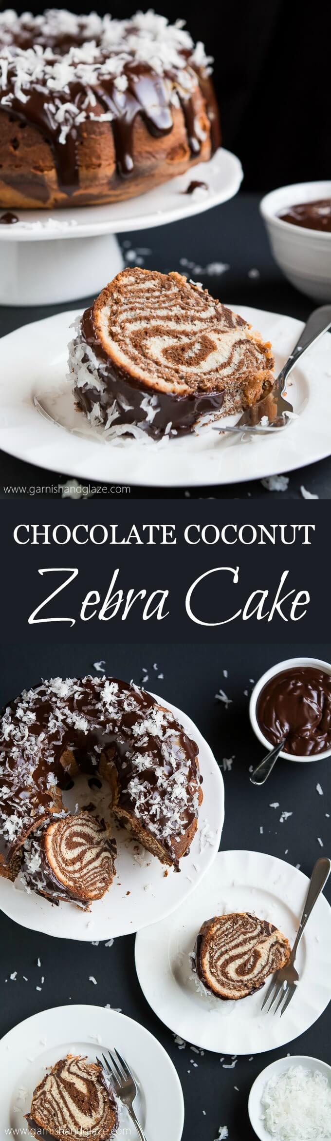 Your dinner guests will be in awe of this gorgeous, yet easy to make, Surprise-Inside Chocolate Coconut Zebra Cake topped with ganache and sweet coconut flakes.