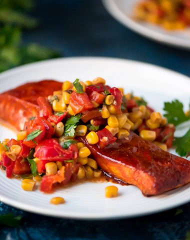 Baked Salmon with Corn & Red Pepper Relish is a veggie filled, flavor packed meal that is easy to throw together for the family or a dinner party.