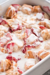 Use up your french bread in this scrumptious STRAWBERRIES AND CREAM BREAD PUDDING topped with the most delicious creamy glaze.