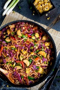 Enjoy a meatless meal tonight with this Japanese Udon Noodle Vegetable Stir Fry that takes less than 30 minutes to throw together.