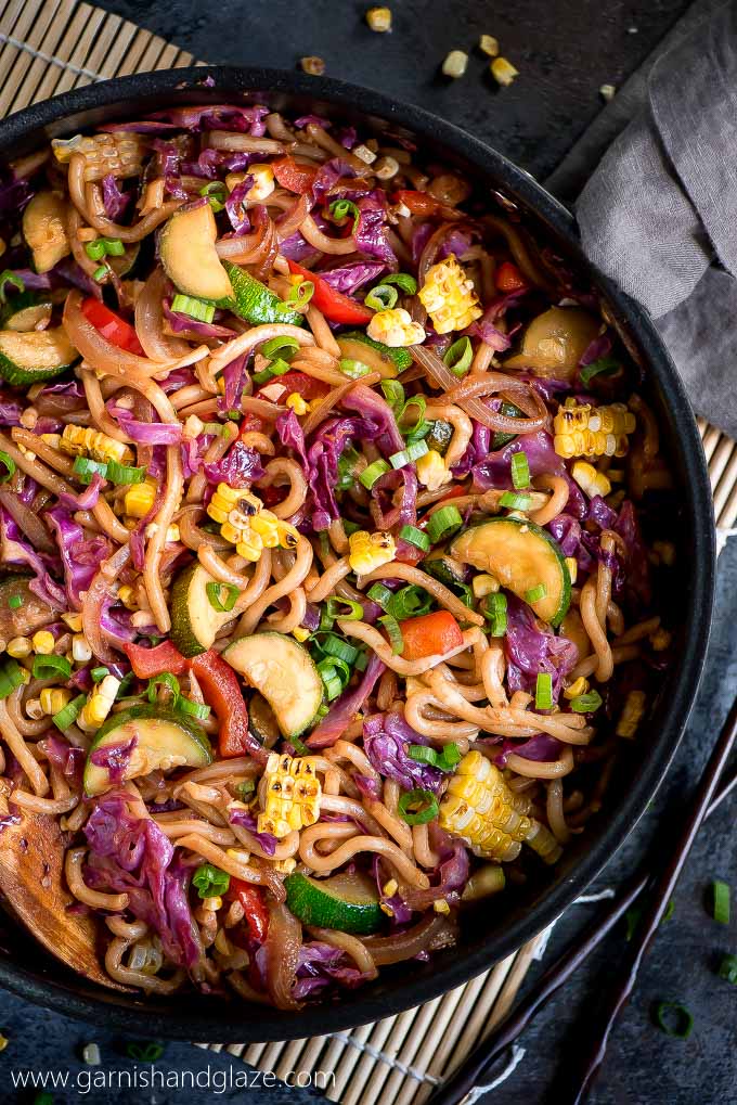 Enjoy a meatless meal tonight with this Japanese Udon Noodle Vegetable Stir Fry that takes less than 30 minutes to throw together.
