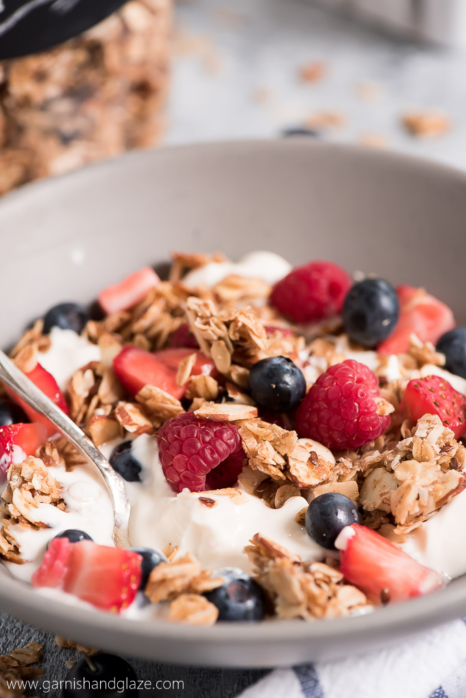 Toss this simple to make Homemade Granola on everything from yogurt to smoothies for a filling and healthy snack or breakfast.