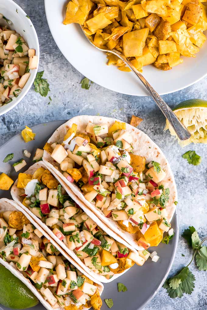 Chicken Cabbage Potato Tacos with Apple Pico de Gallo is a simple and healthy dinner packed with flavor and texture that the whole family will love.