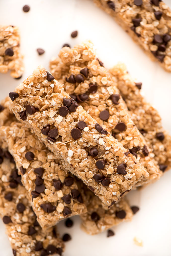 Make No Bake Chocolate Chip Granola Bars at home with just six ingredients to always have on hand for an afternoon snack or to throw in the kids lunch.